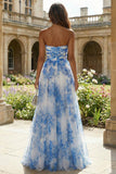 White Blue Floral A Line Strapless Ruched Wedding Guest Dress