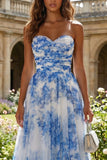 White Blue Floral A Line Strapless Ruched Wedding Guest Dress