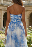 White Blue Floral A Line Strapless Ruched Wedding Guest Dress