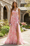 Pink Floral Strapless Ruched A Line Wedding Guest Dress