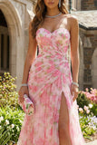 Pink Floral Strapless Ruched A Line Wedding Guest Dress