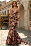 Strapless Mermaid Black Pink Floral Ruffled Wedding Guest Dress