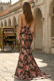 Strapless Mermaid Black Pink Floral Ruffled Wedding Guest Dress