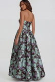 Strapless A Line Blue White Floral Wedding Guest Dress with Slit