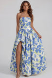 Strapless A Line Blue White Floral Wedding Guest Dress with Slit