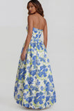 Strapless A Line Blue White Floral Wedding Guest Dress with Slit