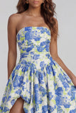Strapless A Line Blue White Floral Wedding Guest Dress with Slit
