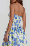 Strapless A Line Blue White Floral Wedding Guest Dress with Slit