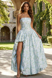 Strapless A Line Blue White Floral Wedding Guest Dress with Slit