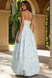 Strapless A Line Blue White Floral Wedding Guest Dress with Slit