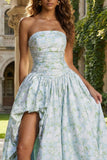 Strapless A Line Blue White Floral Wedding Guest Dress with Slit