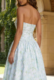 Strapless A Line Blue White Floral Wedding Guest Dress with Slit