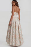 Strapless A Line Blue White Floral Wedding Guest Dress with Slit