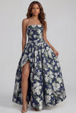 Strapless A Line Blue White Floral Wedding Guest Dress with Slit