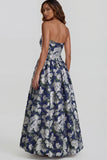 Strapless A Line Blue White Floral Wedding Guest Dress with Slit