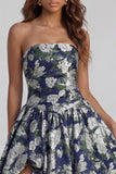 Strapless A Line Blue White Floral Wedding Guest Dress with Slit