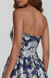 Strapless A Line Blue White Floral Wedding Guest Dress with Slit