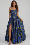 Strapless A Line Blue White Floral Wedding Guest Dress with Slit