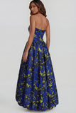 Strapless A Line Blue White Floral Wedding Guest Dress with Slit