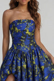 Strapless A Line Blue White Floral Wedding Guest Dress with Slit