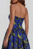 Strapless A Line Blue White Floral Wedding Guest Dress with Slit