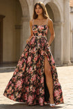 Black Pink Floral A Line Wedding Guest Dress with Pearls