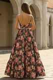 Black Pink Floral A Line Wedding Guest Dress with Pearls