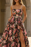 Black Pink Floral A Line Wedding Guest Dress with Pearls