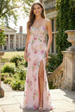 Sparkly Strapless Pink Floral Mermaid Wedding Guest Dress