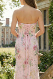 Sparkly Strapless Pink Floral Mermaid Wedding Guest Dress