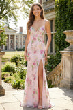 Sparkly Straphetti Straps Pink Floral Mermaid Wedding Guest Dress