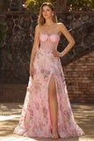 Strapless Corset Sequin Floral Pink A Line Prom Dress