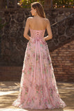 Strapless Corset Sequin Floral Pink A Line Prom Dress