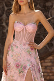 Strapless Corset Sequin Floral Pink A Line Prom Dress