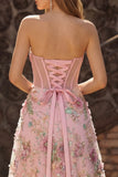 Strapless Corset Sequin Floral Pink A Line Prom Dress