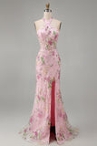 Halter Pink Floral Corset Mermaid Sequin Prom Dress