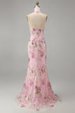Halter Pink Floral Corset Mermaid Sequin Prom Dress