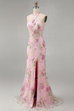 Halter Pink Floral Corset Mermaid Sequin Prom Dress
