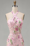 Halter Pink Floral Corset Mermaid Sequin Prom Dress