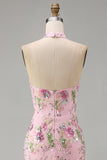 Halter Pink Floral Corset Mermaid Sequin Prom Dress