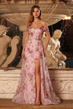 Sparkly Floral Pink Off the Shoulder A Line Prom Dress