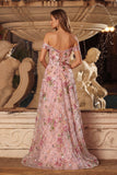 Sparkly Floral Pink Off the Shoulder A Line Prom Dress