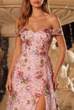 Sparkly Floral Pink Off the Shoulder A Line Prom Dress