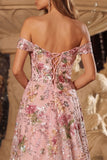 Sparkly Floral Pink Off the Shoulder A Line Prom Dress