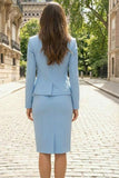 Sky Blue Peaked Lapel 2 Piece Bodycon Work Dress