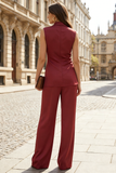 High Neck Satin 2 Piece Burgundy Women Suits