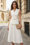 Peaked Lapel A Line 2 Piece Ivory Work Dress with Belt