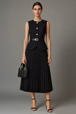 Black A Line Pleated Midi Work Dress with Belt