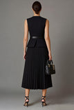 Black A Line Pleated Midi Work Dress with Belt