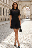 Lace Short Slleeve Little Black Dress with Ruffles